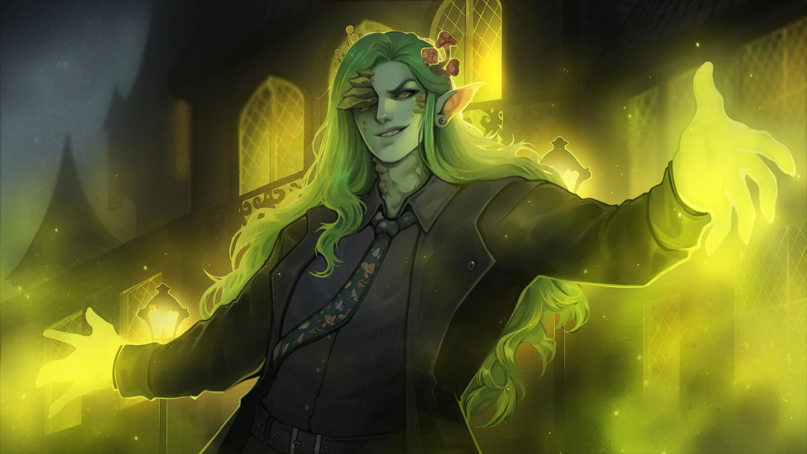 VirvaValkea, the Mycomancer of the Spore Society. VirvaValeka is a mycotic elf wearing a dark coroporate goth suit. His long, wavy green hair flows in the air as hyphae spreads hyphaes hands to summon. In the background is a neogothic house, the windows li