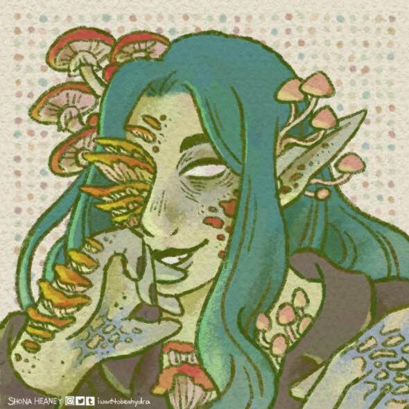 Headshot drawing of VirvaValkea, a fungal infested elf with wavy dark green hair, grey-greenish skin, white cast over eyes and a black upper lip. A variety of fungi grow from his body. VirvaValkea wears a black shirt that is opened and black nail polish. H