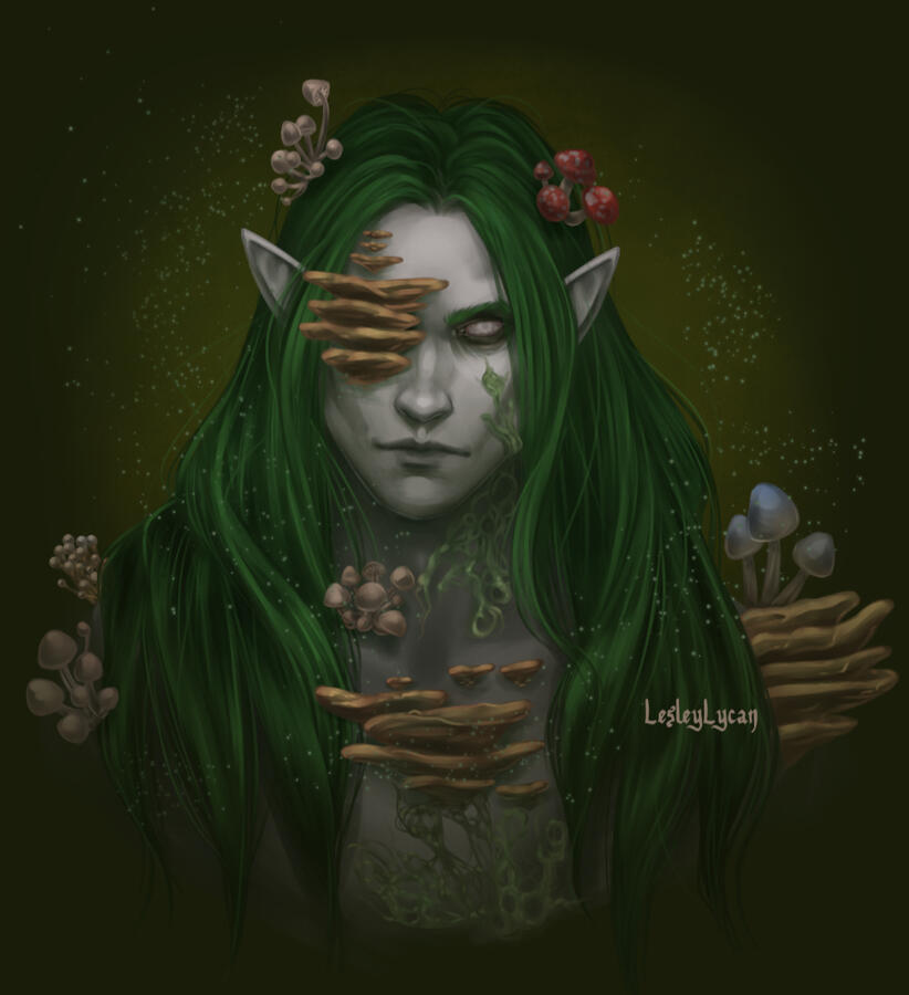 Headshot painting of Miluigwanath, a fungal infested elf with straight dark green hair, grey skin and white cast over eyes. A variety of fungi grow from his body. The simple background is green. Green spores rise from it.
