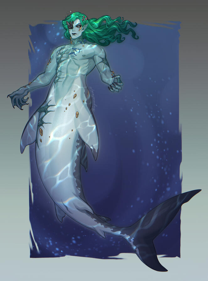 Painting of VirvaValkea as a merman. VirvaValkea is part fungal infested elf, part white shark. His green wavy hair is floating in the water. Instead of oyster mushrooms mussels cover his right eye. The skin is blueish grey and reflects the water. His hand