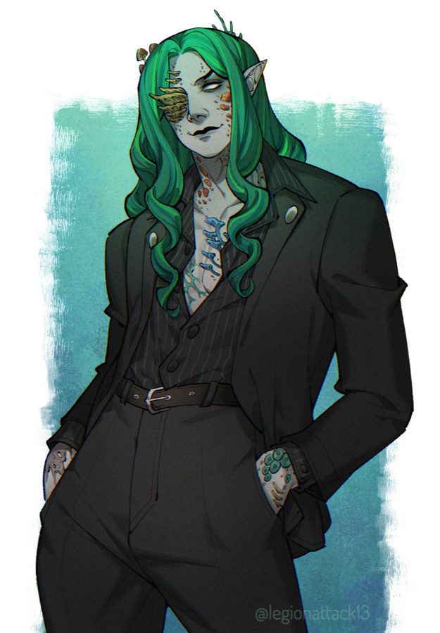 A half-body painting of Miluigwanath aka VirvaValkea, a fungal infested elf with grey skin, white eyes, long wavy green hair and black upper lip. Fungal growths emerge from his torso and face. VirvaValkea wears a corporate goth black pin strip suit with a