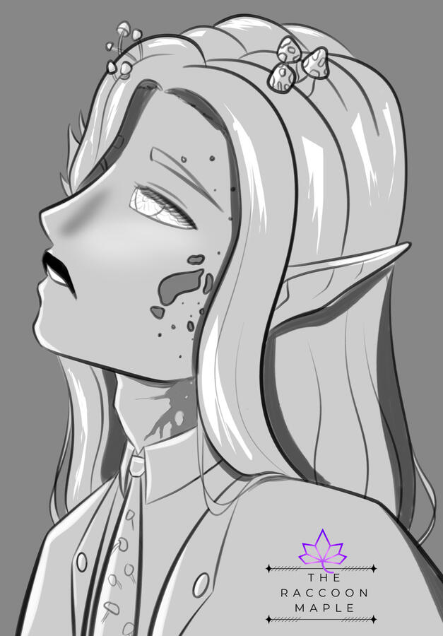 Black and white side portrait headshot drawing of VirvaValkea, a fungal infested elf with wavy hair. A variety of fungi grow from his body. VirvaValkea wears a button up shirt and a fungal and floral print tie. He looks wistfully.