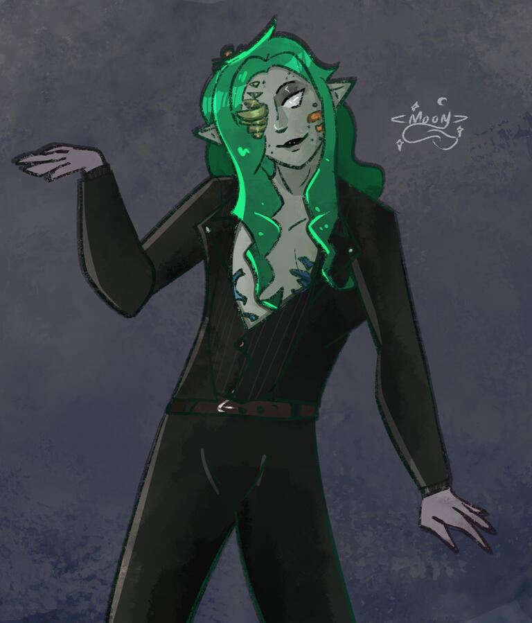 Half-body drawing of VirvaValkea, a fungal infested elf with straight dark green hair, grey skin and white cast over eyes. A variety of fungi grow from his body. VirvaValkea wears black corporate goth pin strip suit and a brown belt. The pose looks like he