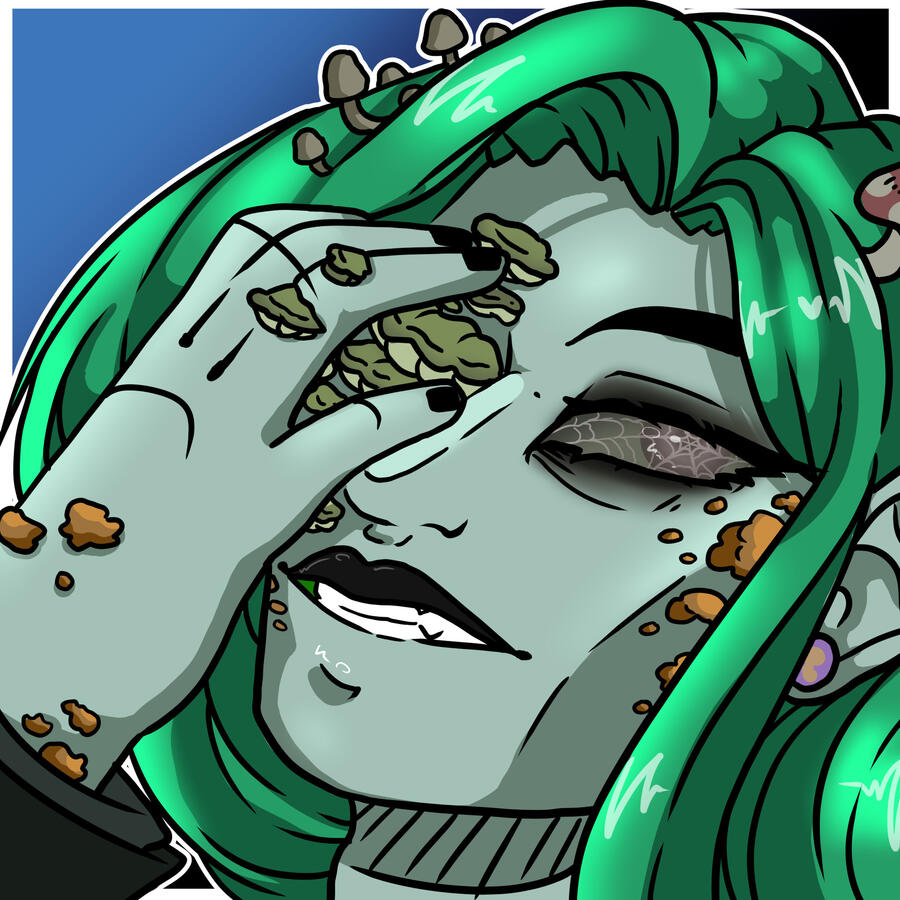 Headshot drawing of VirvaValkea, a fungal infested elf with wavy dark green hair, grey-greenish skin, reddish and white cast over eyes featuring cobweb webbing and a black upper lip. A variety of fungi grow from his body. VirvaValkea wears a black shirt an