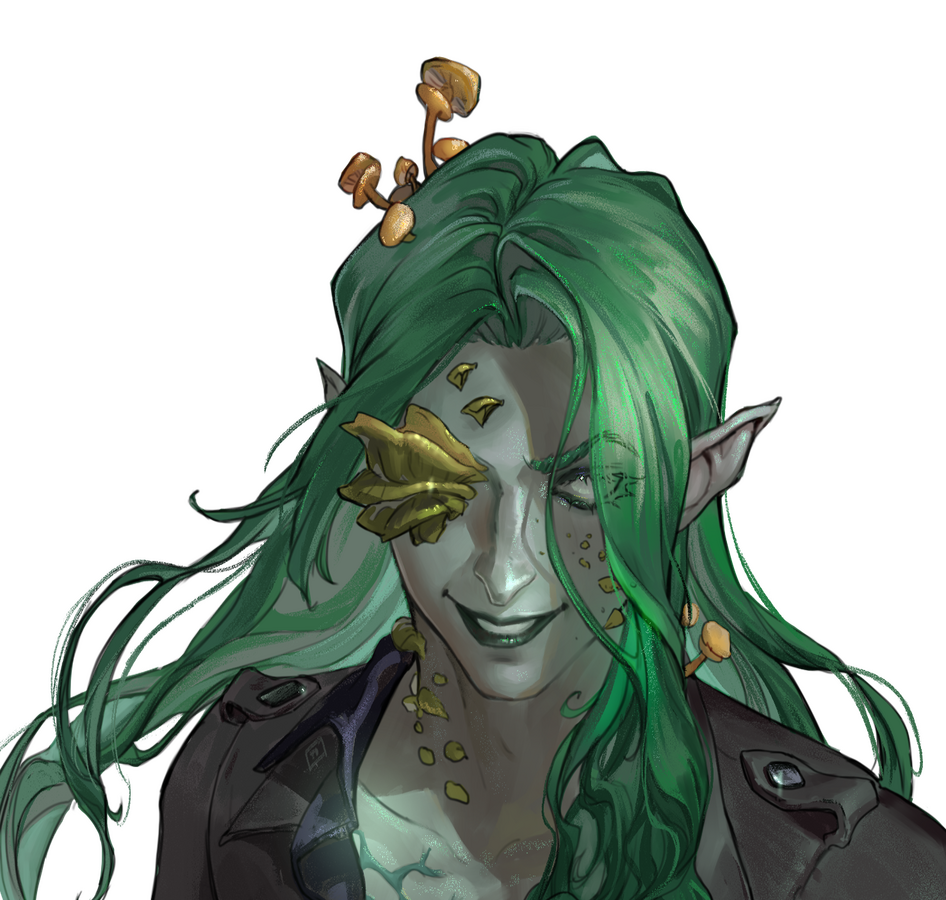 Headshot drawing of VirvaValkea, a fungal infested elf with wavy dark green hair, grey skin and white cast over eyes. A variety of fungi grow from his body. VirvaValkea wears black military shirt that is ipened half way and black eyeliner. He smiles mi
