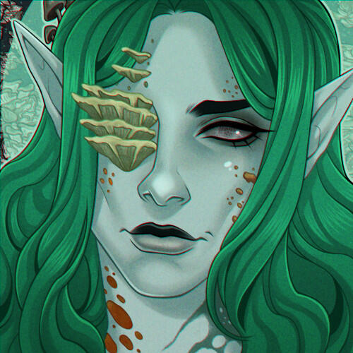 Headshot drawing of VirvaValkea, a fungal infested elf with wavy dark green hair, grey-greenish skin, white cast over eyes and a black upper lip. A variety of fungi grow from his body.