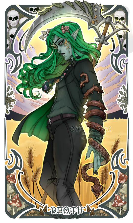 VirvaValkea, a fungal infested elf with grey skin, long wavy green hair and reddish-white clouded over eyes, stands in a field of golden grain while the suns sets. He wears a corporate goth suit and holds a harvest scythe in his hand. His jacket and fungi