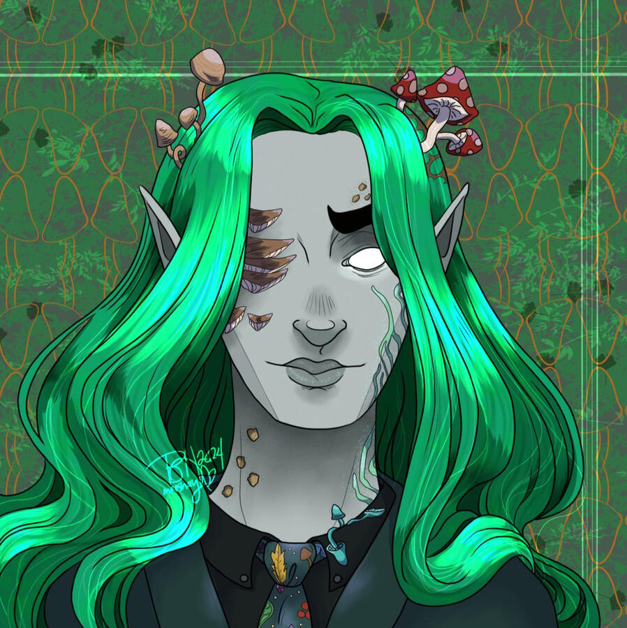 Headshot painting of VirvaValkea, a fungal infested elf with straight dark green hair, grey skin and white cast over eyes. A variety of fungi grow from his body. The simple background is green and patterned with orange mushroons. VirvaValkea wears a black