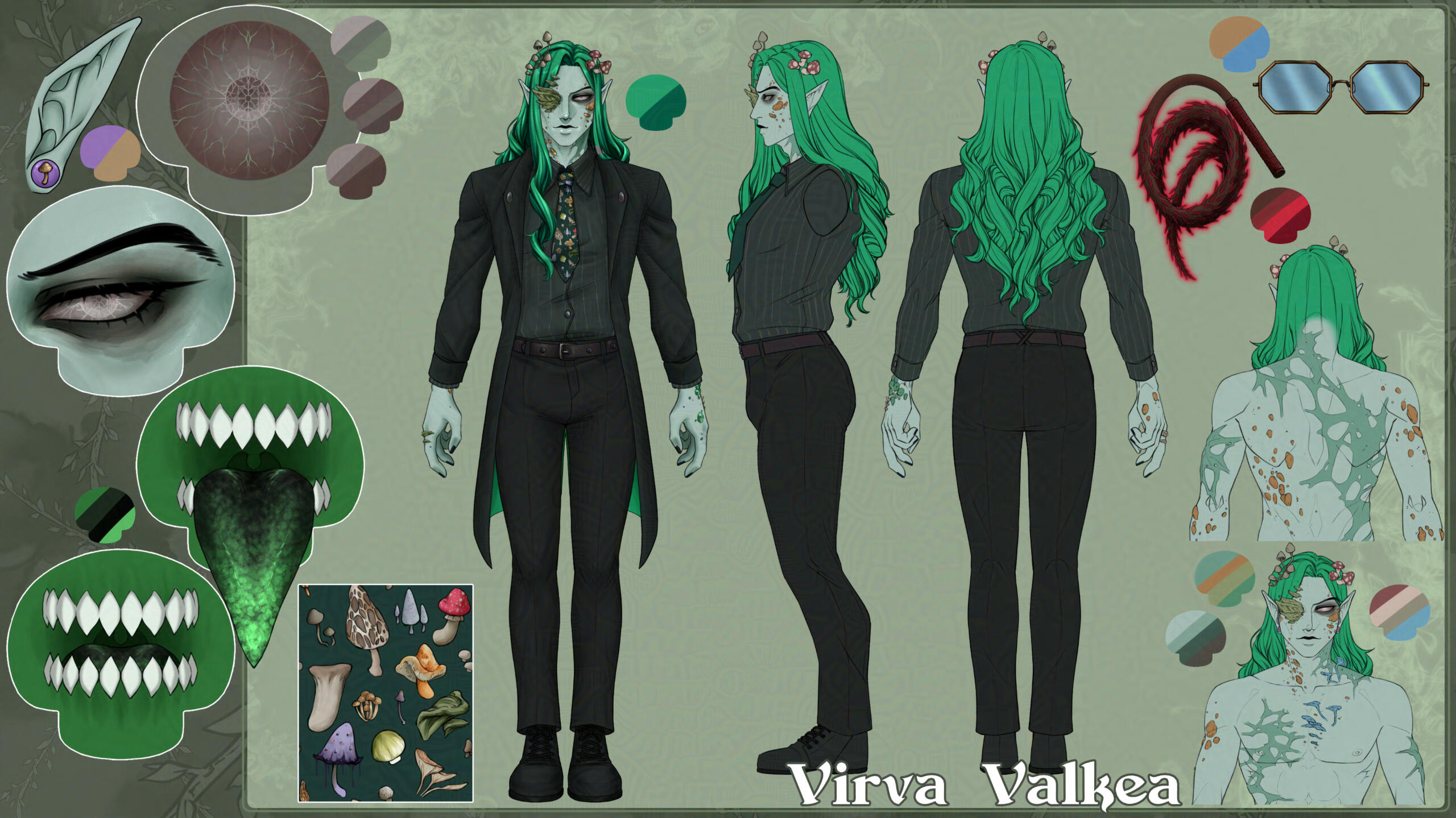 A reference sheet for VirvaValkea, a fungal infested elf with green hair, grey skin and white eyes featuring a front view on the left, a side view in the middle and a back view on the right, plus additional detail windows. He wears a black Corporate Goth
