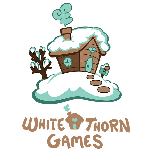 Logo of Whitethorn Games Publisher. A log cabin in a snow landscape. Smoke puffs from a chimney. A bare tree is on the left, a letterbox on the right. Underneath the stylized logo.