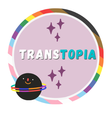 A pink circle with a progressive pride coloured outline, embellished with purple stars and white & blue font "TRANSTOPIA", a planet with rainbow rings is in the bottom left.