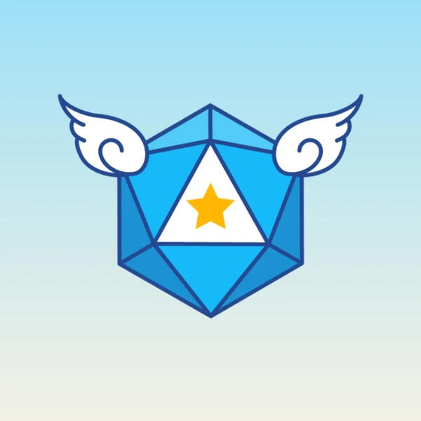 A blue and white winged D20 with a golden star on the 20 side against a light blue background