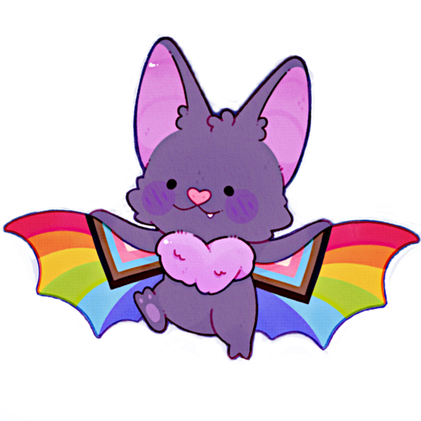A bat with progressive pride flag coloured wings on the inside.